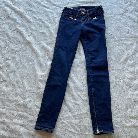 True Religion Vintage Dark Blue Front Zip Jeans with Leg Zip Size 23 - Picture 1 of 16
